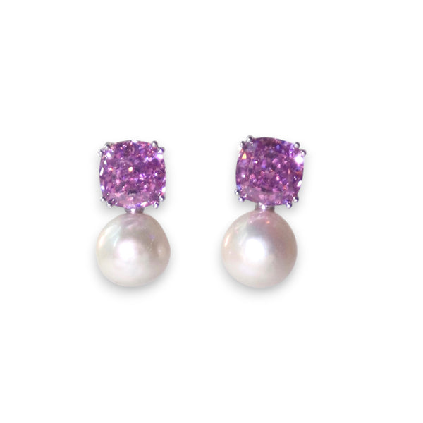 Luxurious Dark Pink Gemstone and Baroque Pearl Stud Earrings