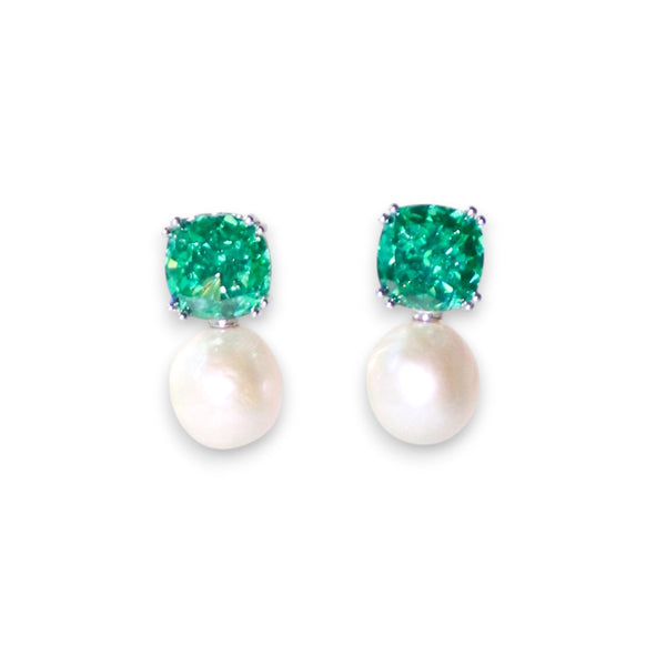 Luxurious Green Gemstone and Baroque Pearl Stud Earrings